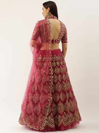 Women Rosegold Net Embroidered Mirror Semi-Stitched Lehenga & Unstitched Blouse with Dupatta Clothsvilla