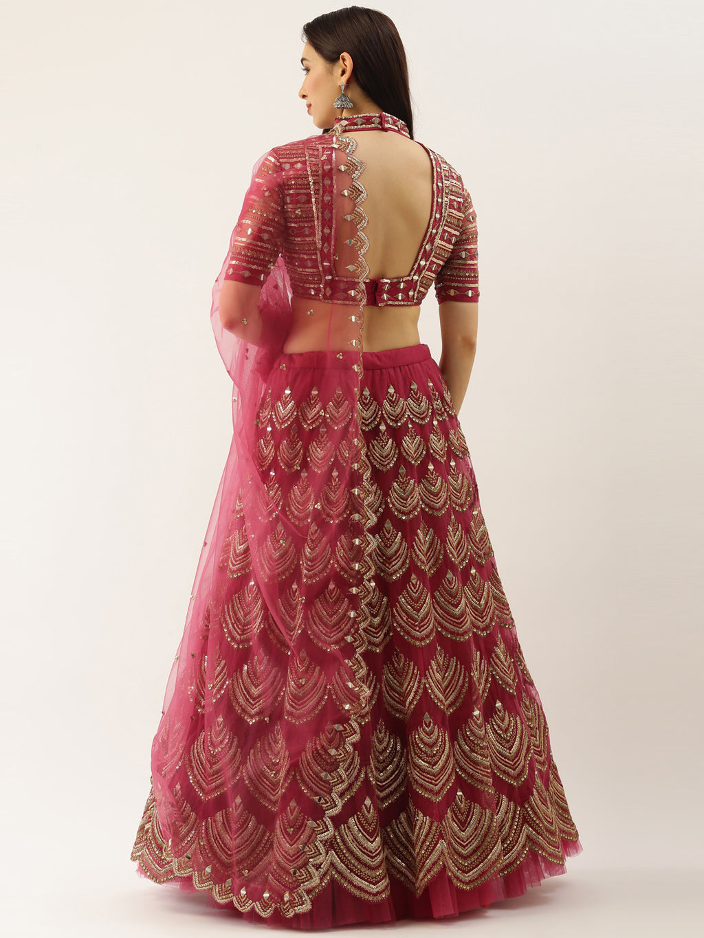 Women Rosegold Net Embroidered Mirror Semi-Stitched Lehenga & Unstitched Blouse with Dupatta Clothsvilla