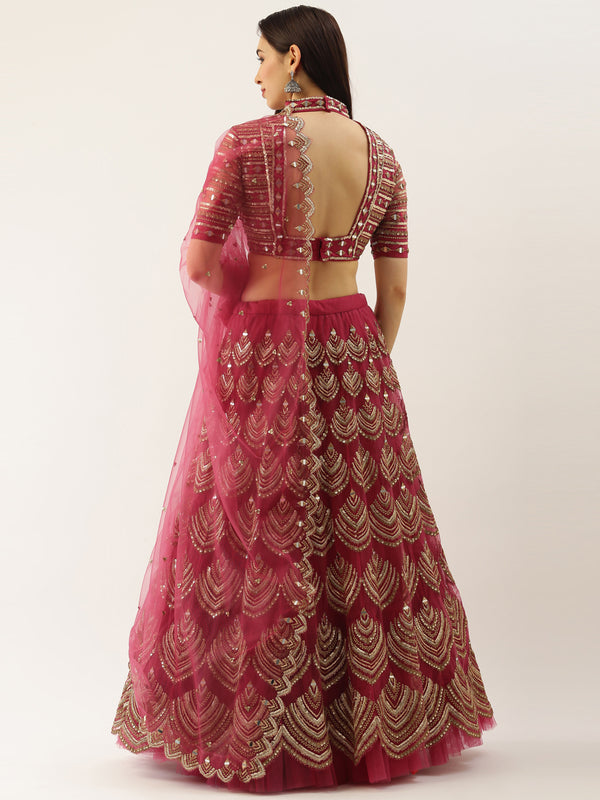 Women Rosegold Net Embroidered Mirror Semi-Stitched Lehenga & Unstitched Blouse with Dupatta Clothsvilla
