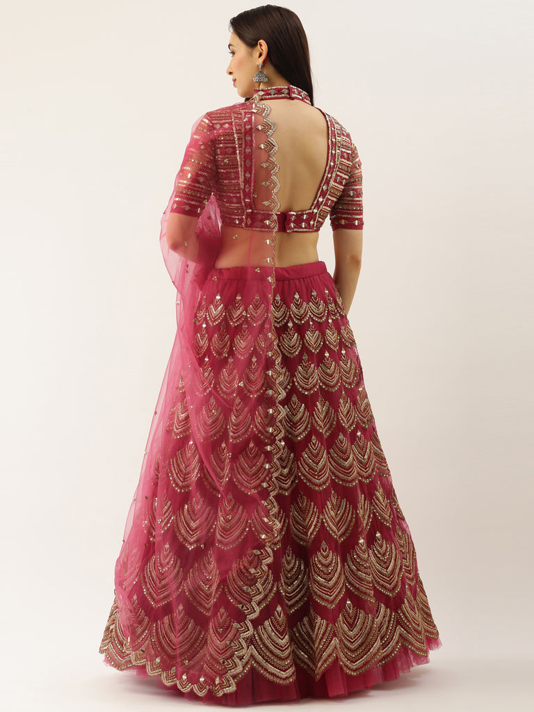 Women Rosegold Net Embroidered Mirror Semi-Stitched Lehenga & Unstitched Blouse with Dupatta Clothsvilla