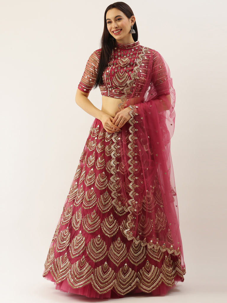 Women Rosegold Net Embroidered Mirror Semi-Stitched Lehenga & Unstitched Blouse with Dupatta Clothsvilla