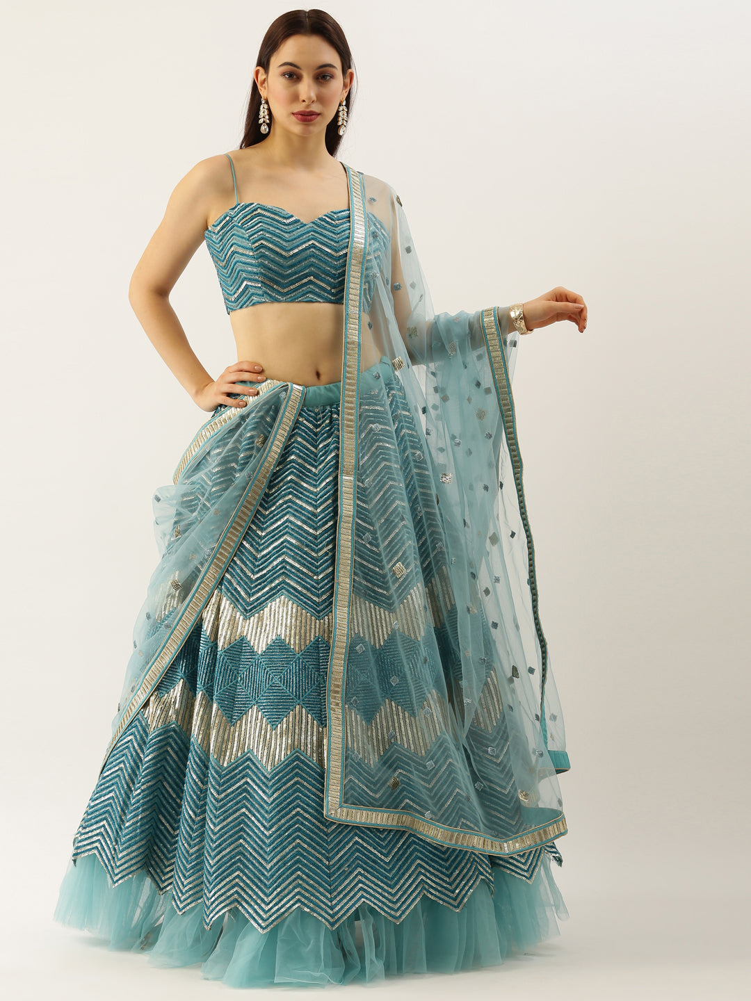 Women Sea Green Net Zig-Zag Embroideried Semi-Stitched Lehenga, Unstitched Blouse & Dupatta Clothsvilla
