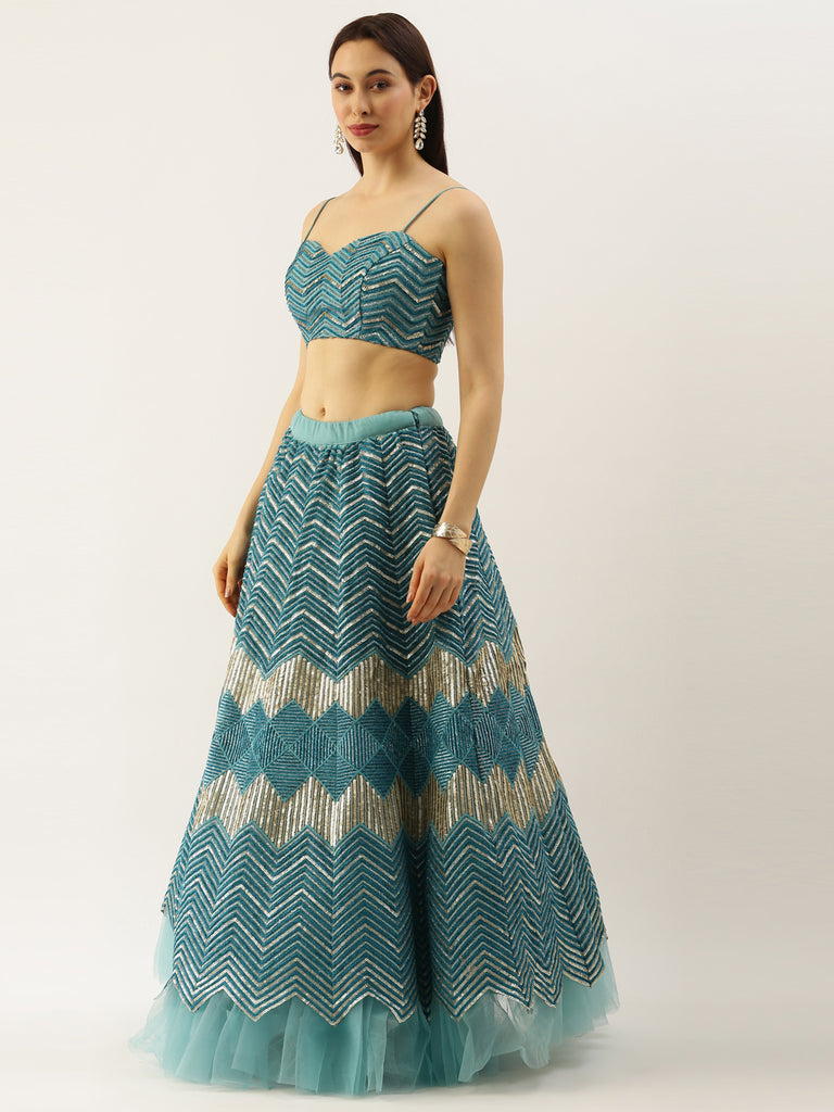 Women Sea Green Net Zig-Zag Embroideried Semi-Stitched Lehenga, Unstitched Blouse & Dupatta Clothsvilla