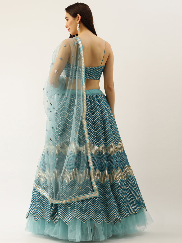 Women Sea Green Net Zig-Zag Embroideried Semi-Stitched Lehenga, Unstitched Blouse & Dupatta Clothsvilla