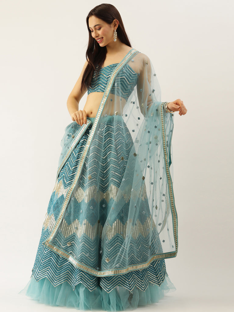 Women Sea Green Net Zig-Zag Embroideried Semi-Stitched Lehenga, Unstitched Blouse & Dupatta Clothsvilla