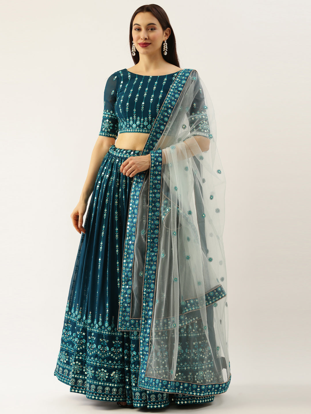 Women Teal Georgette Sequins Work Semi-Stitched Lehenga & Unstitched Blouse with Dupatta Clothsvilla Main image