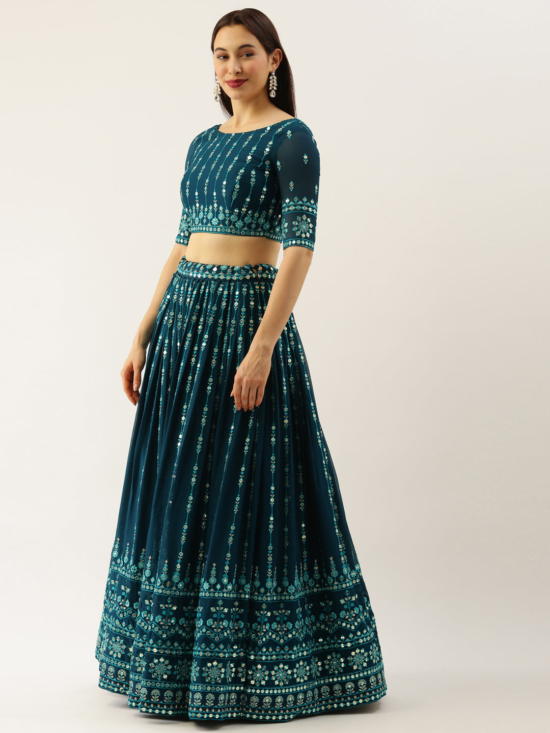 Women Teal Georgette Sequins Work Semi-Stitched Lehenga & Unstitched Blouse with Dupatta Clothsvilla