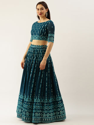 Women Teal Georgette Sequins Work Semi-Stitched Lehenga & Unstitched Blouse with Dupatta Clothsvilla