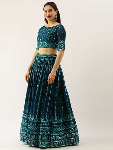 Women Teal Georgette Sequins Work Semi-Stitched Lehenga & Unstitched Blouse with Dupatta Clothsvilla