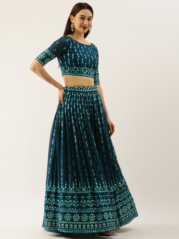Women Teal Georgette Sequins Work Semi-Stitched Lehenga & Unstitched Blouse with Dupatta Clothsvilla