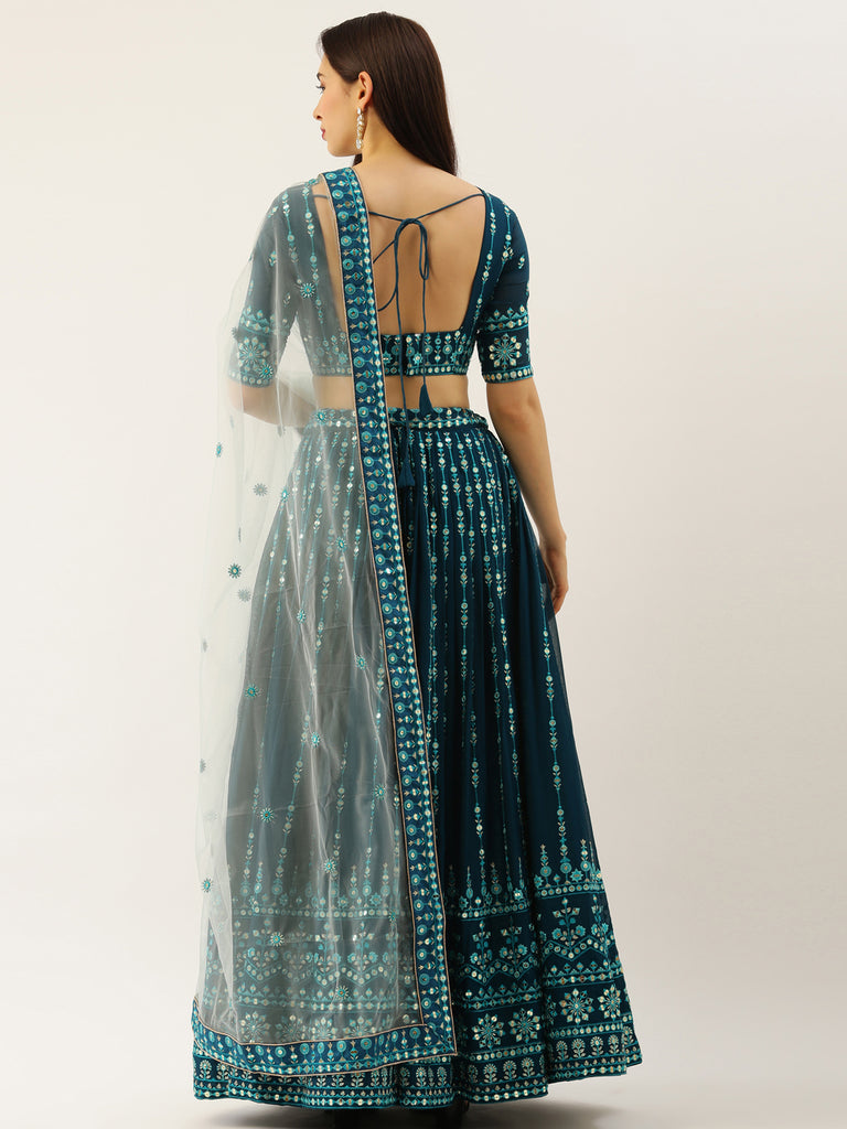 Women Teal Georgette Sequins Work Semi-Stitched Lehenga & Unstitched Blouse with Dupatta Clothsvilla