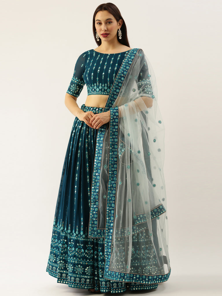 Women Teal Georgette Sequins Work Semi-Stitched Lehenga & Unstitched Blouse with Dupatta Clothsvilla