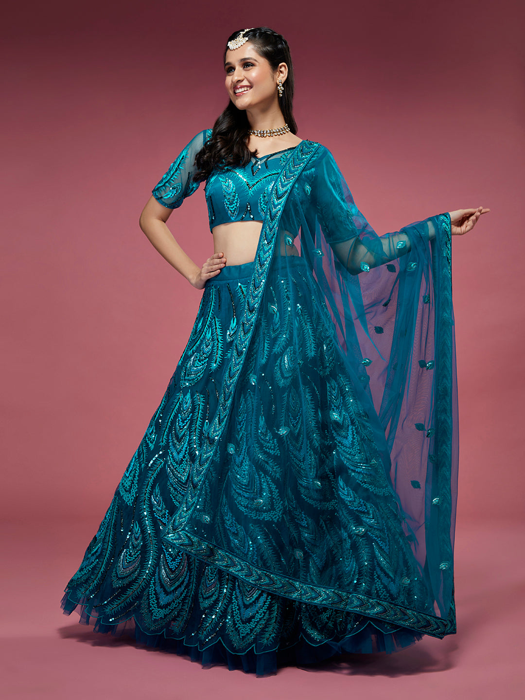 Women Teal Net Embroidered Sequins Semi-Stitched Lehenga & Unstitched Blouse with Dupatta Clothsvilla Main image