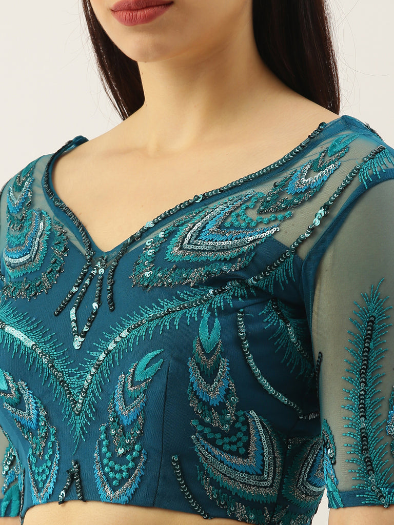 Women Teal Net Embroidered Sequins Semi-Stitched Lehenga & Unstitched Blouse with Dupatta Clothsvilla