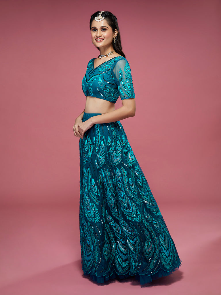 Women Teal Net Embroidered Sequins Semi-Stitched Lehenga & Unstitched Blouse with Dupatta Clothsvilla