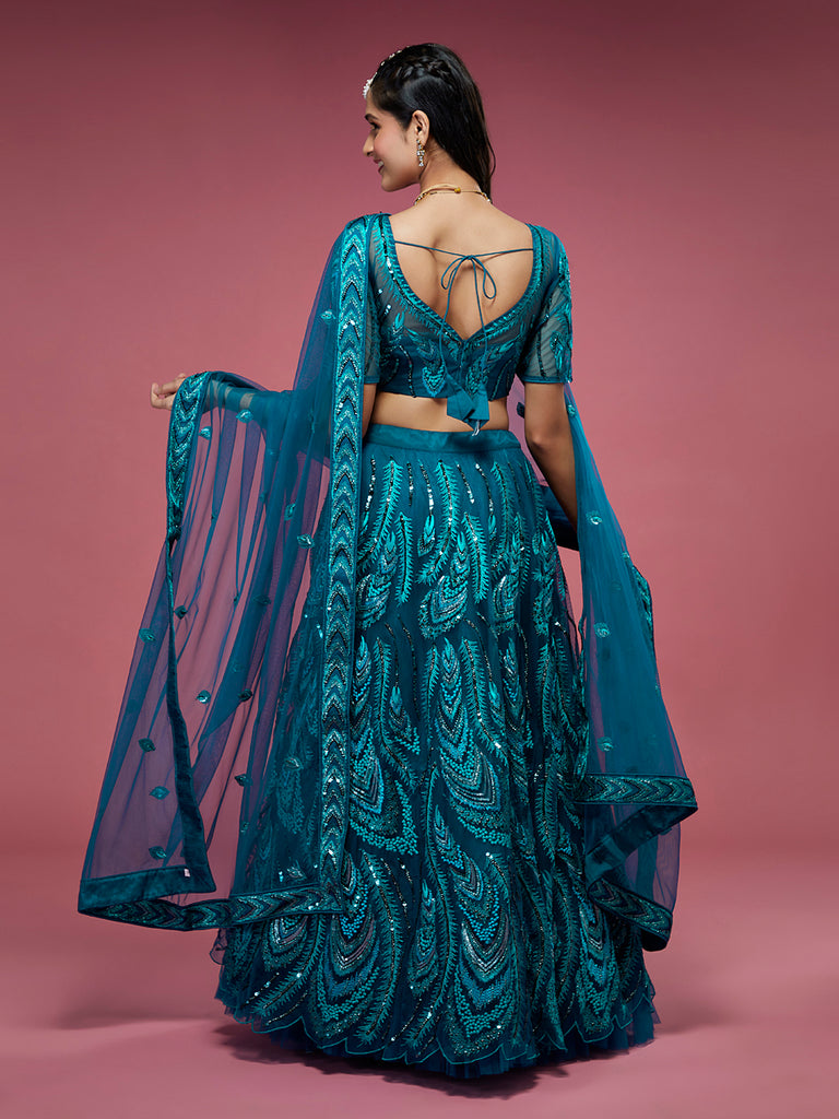 Women Teal Net Embroidered Sequins Semi-Stitched Lehenga & Unstitched Blouse with Dupatta Clothsvilla