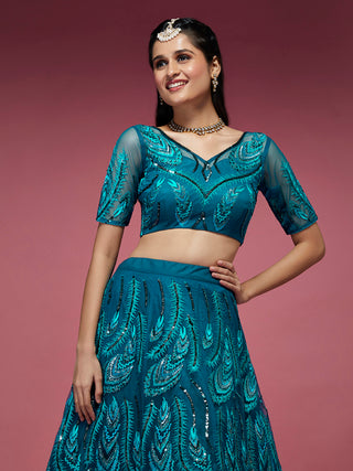 Women Teal Net Embroidered Sequins Semi-Stitched Lehenga & Unstitched Blouse with Dupatta Clothsvilla