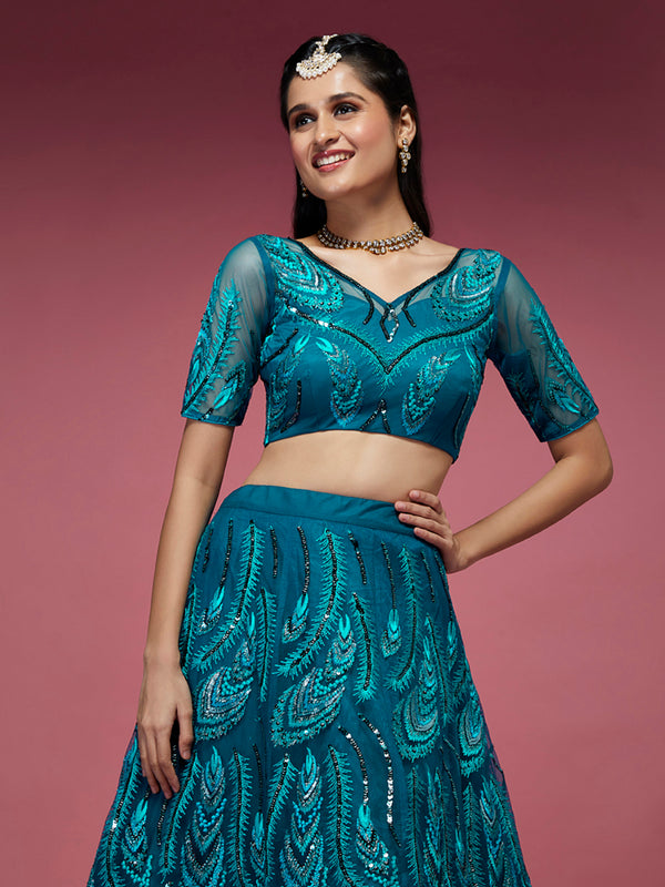 Women Teal Net Embroidered Sequins Semi-Stitched Lehenga & Unstitched Blouse with Dupatta Clothsvilla