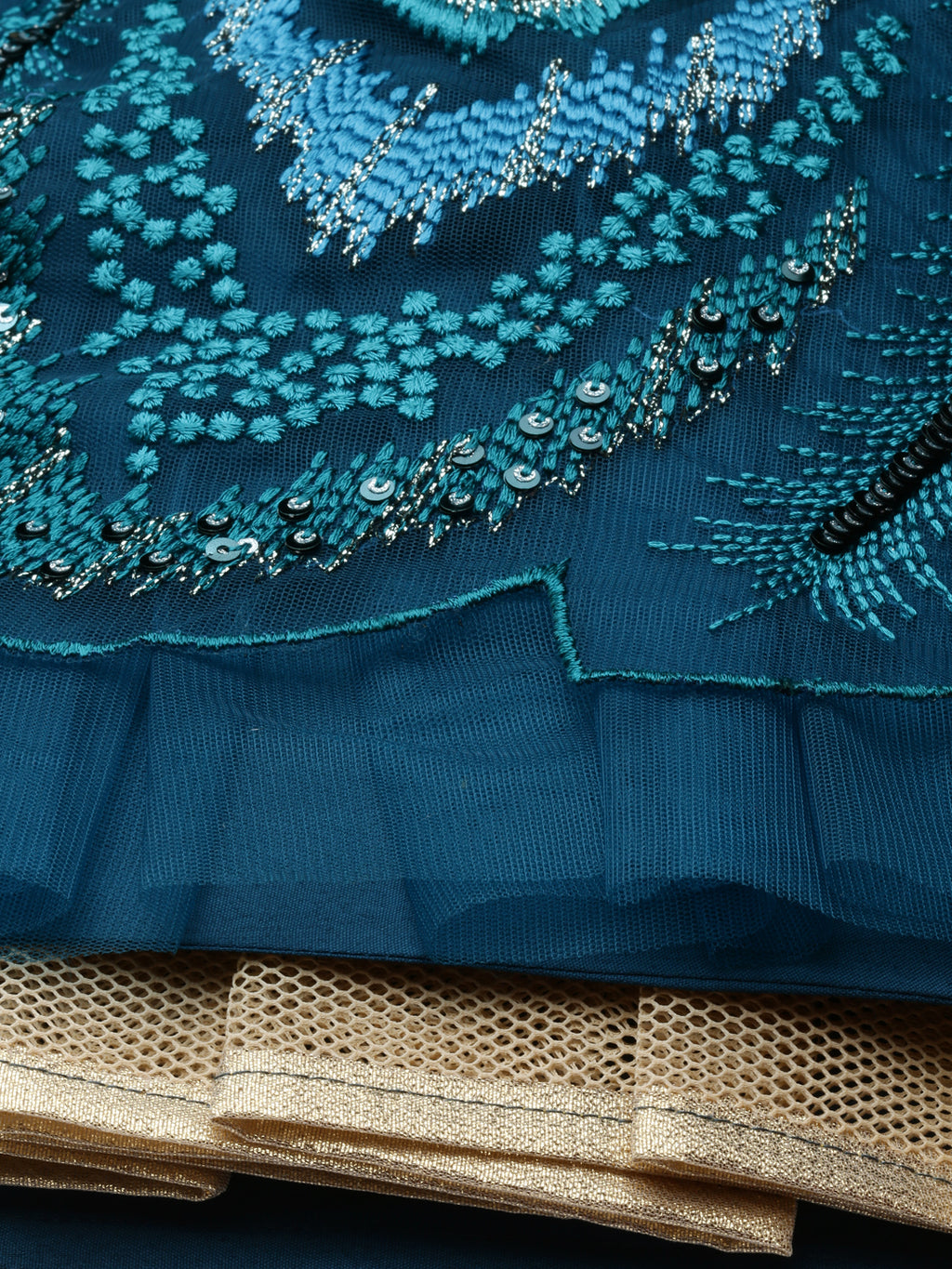 Women Teal Net Embroidered Sequins Semi-Stitched Lehenga & Unstitched Blouse with Dupatta Clothsvilla