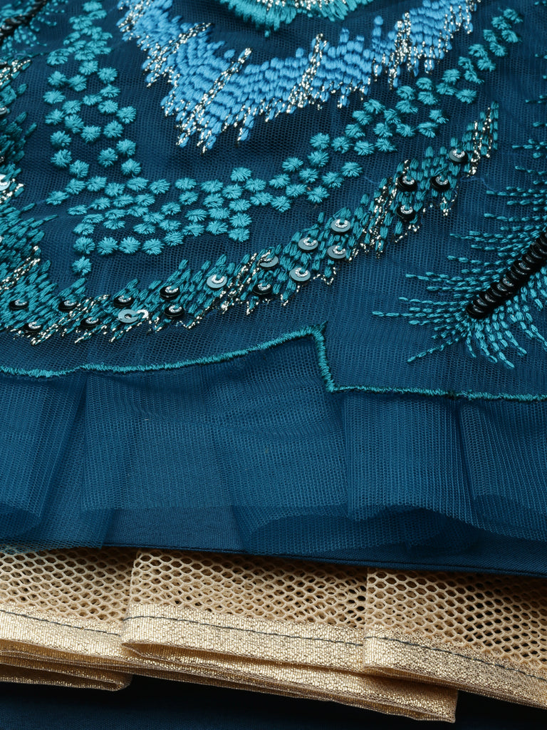 Women Teal Net Embroidered Sequins Semi-Stitched Lehenga & Unstitched Blouse with Dupatta Clothsvilla