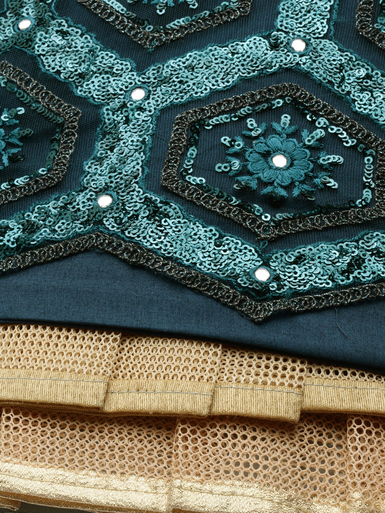 Women Teal Net Embroidered Sequins Semi-Stitched Lehenga & Unstitched Blouse with Dupatta ClothsVilla