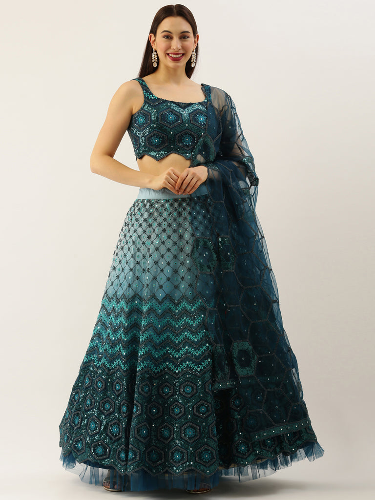 Women Teal Net Embroidered Sequins Semi-Stitched Lehenga & Unstitched Blouse with Dupatta ClothsVilla