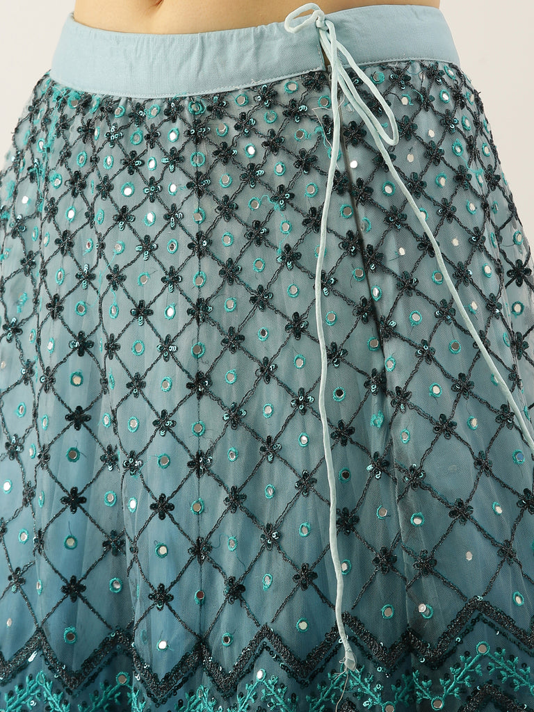 Women Teal Net Embroidered Sequins Semi-Stitched Lehenga & Unstitched Blouse with Dupatta ClothsVilla