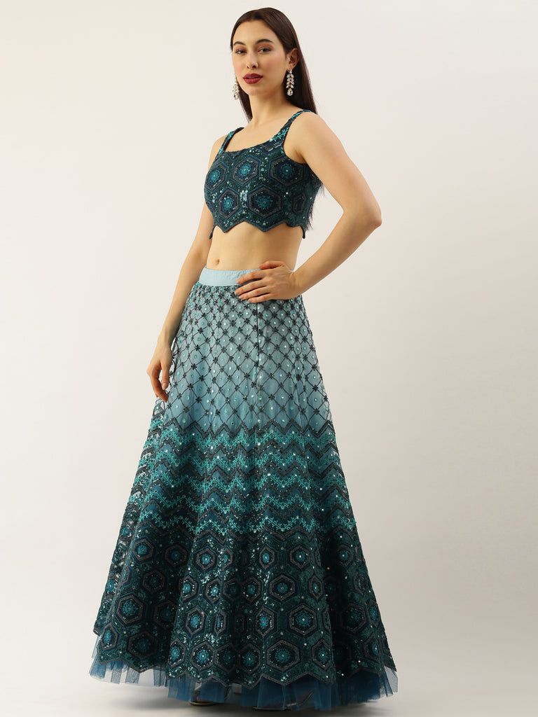 Women Teal Net Embroidered Sequins Semi-Stitched Lehenga & Unstitched Blouse with Dupatta ClothsVilla