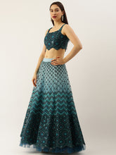 Load image into Gallery viewer, Women Teal Net Embroidered Sequins Semi-Stitched Lehenga &amp; Unstitched Blouse with Dupatta ClothsVilla