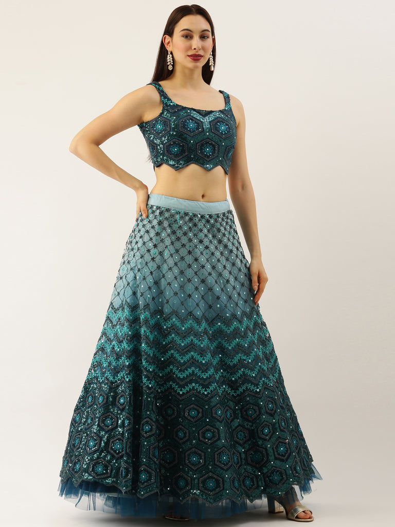 Women Teal Net Embroidered Sequins Semi-Stitched Lehenga & Unstitched Blouse with Dupatta ClothsVilla