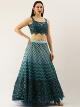 Load image into Gallery viewer, Women Teal Net Embroidered Sequins Semi-Stitched Lehenga &amp; Unstitched Blouse with Dupatta ClothsVilla