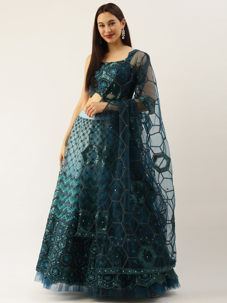 Women Teal Net Embroidered Sequins Semi-Stitched Lehenga & Unstitched Blouse with Dupatta ClothsVilla