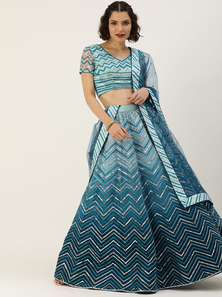 Women Teal shading Net Mirror Embroidered Semi-Stitched Lehenga & Blouse with Dupatta Clothsvilla