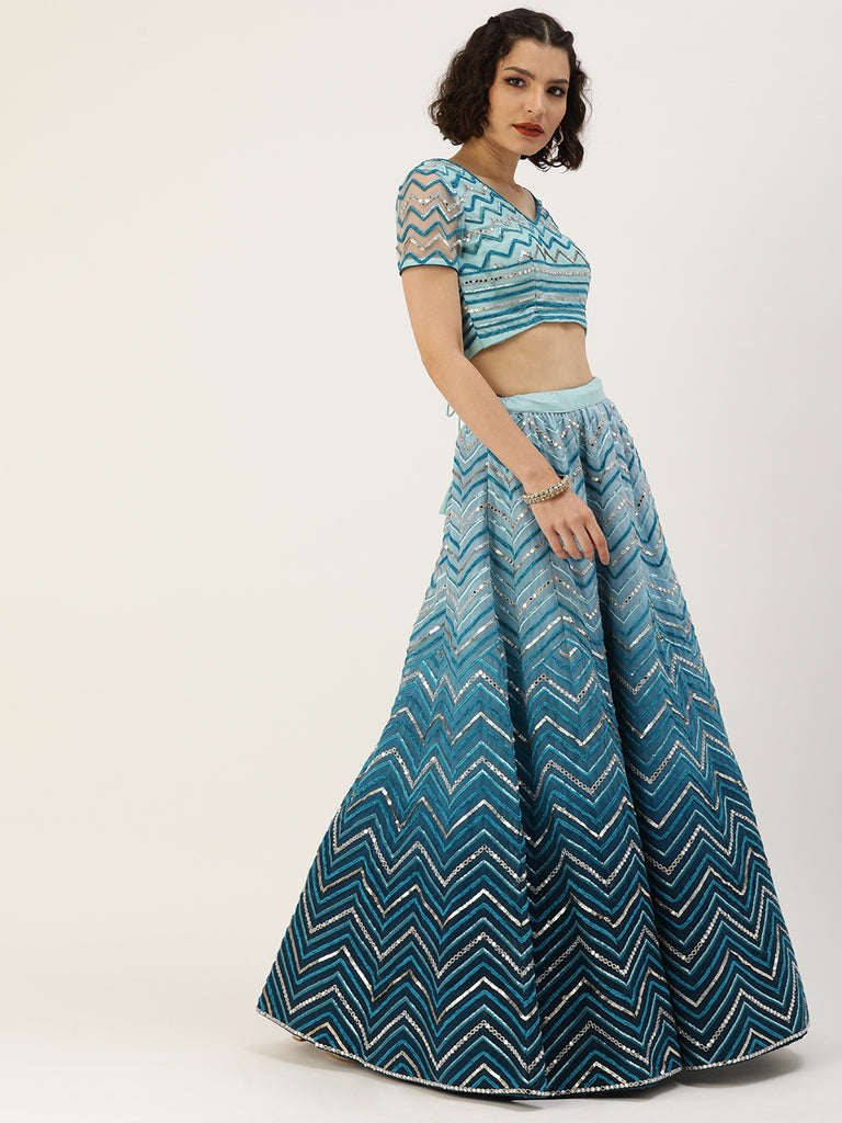 Women Teal shading Net Mirror Embroidered Semi-Stitched Lehenga & Blouse with Dupatta Clothsvilla