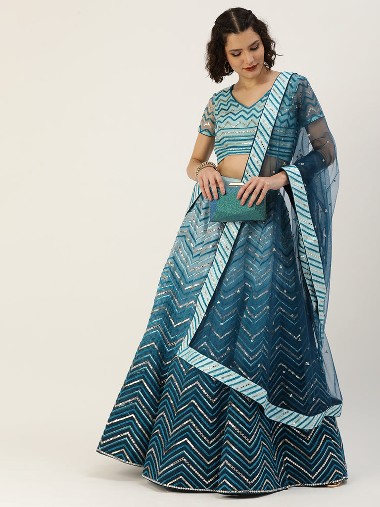 Women Teal shading Net Mirror Embroidered Semi-Stitched Lehenga & Blouse with Dupatta Clothsvilla