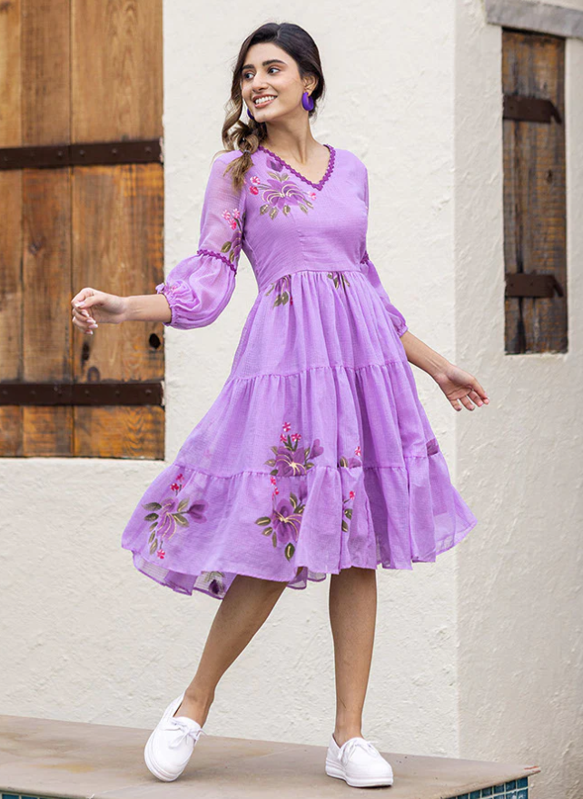 Women's Purple Digital Print Kota Kurti with Full Round Flair ClothsVilla Main image