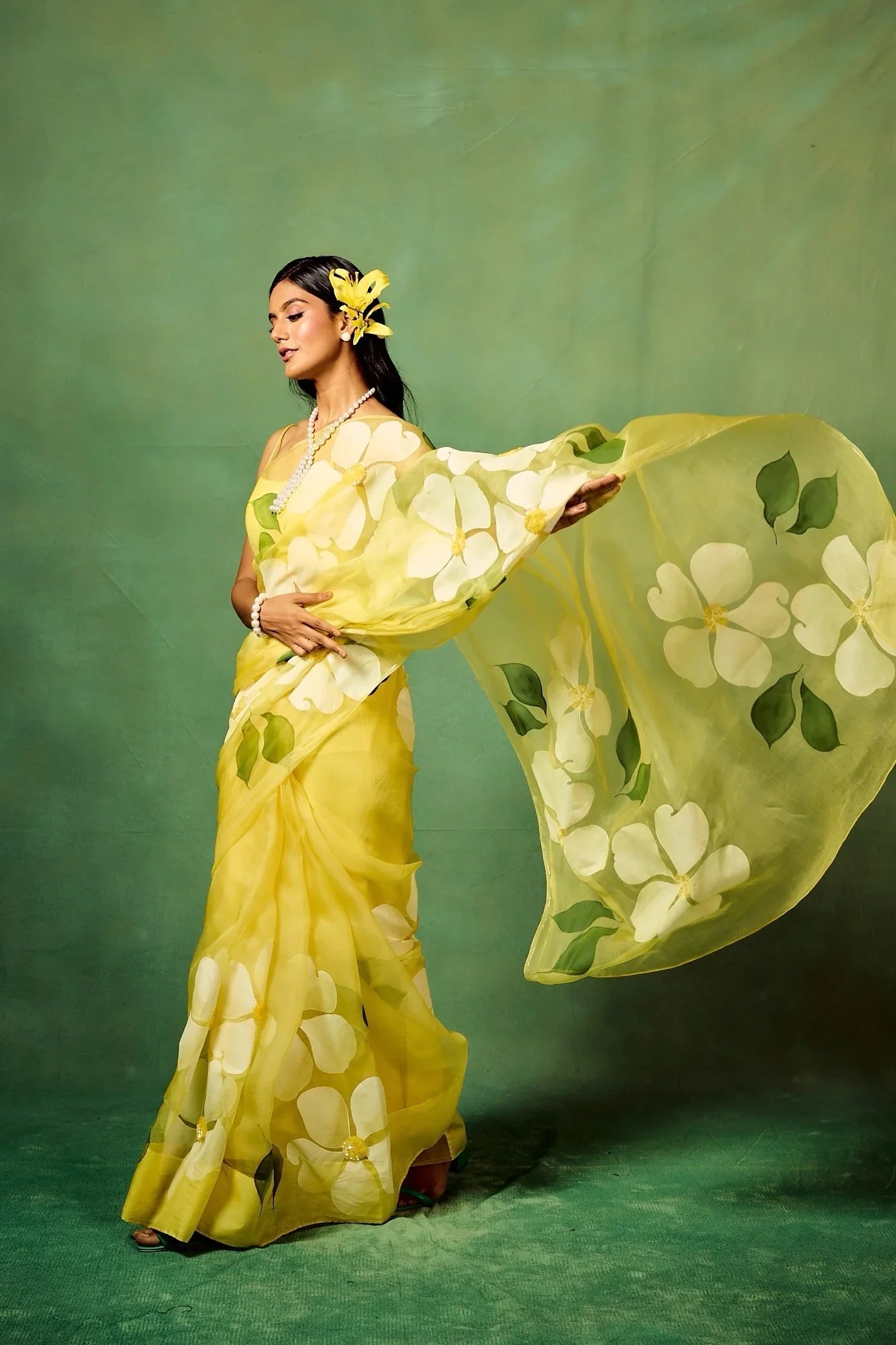 Bright Yellow Pure Organza Saree with Oversized Hand-Painted White Flowers & Sequin Detailing | Satin Blouse Included FANCY SAREES
