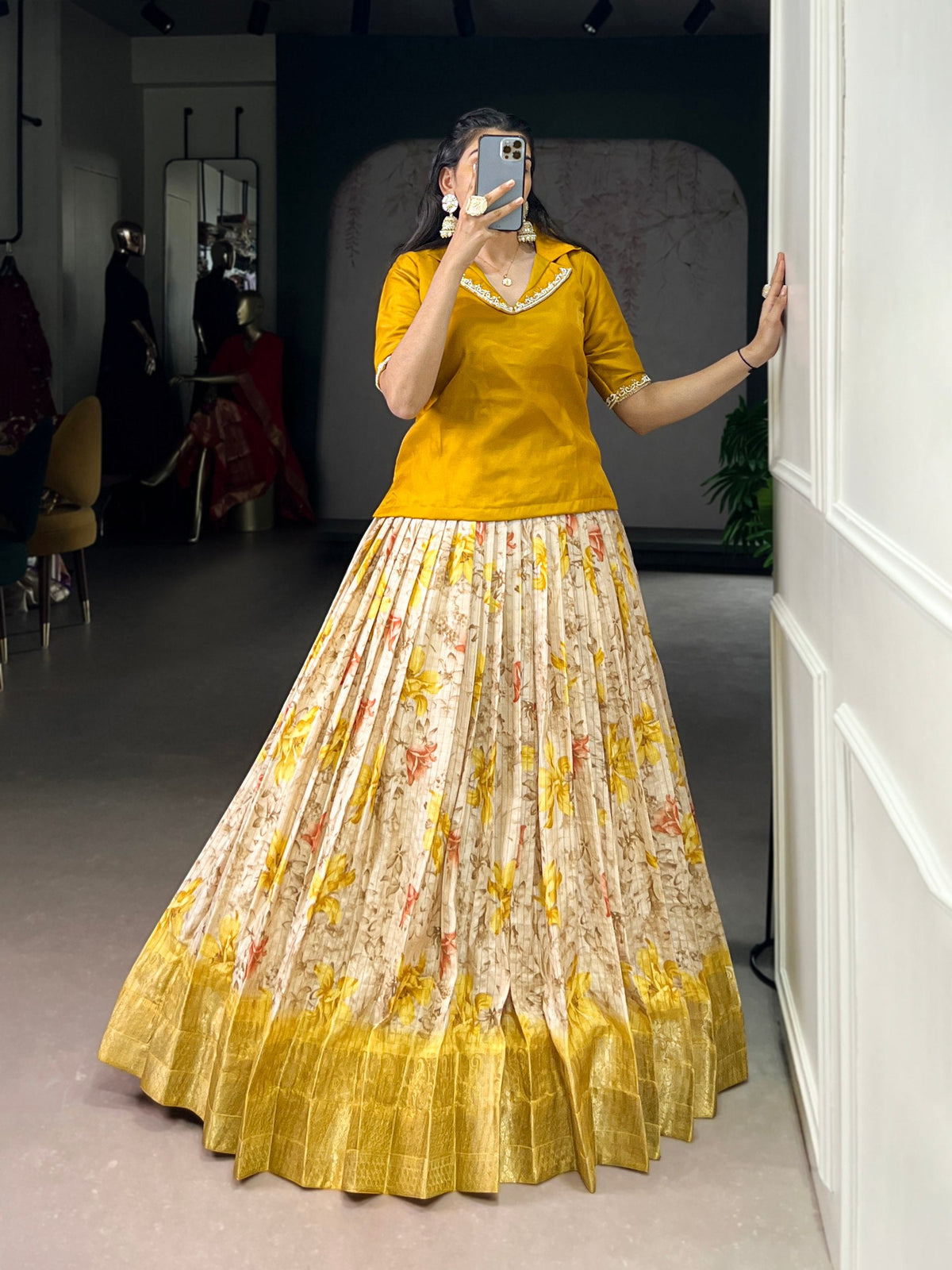 Yelllow Elegant Dola Chex Floral Printed Lehenga with Zari Weaving and Sequined Banglory Blouse – Stitched Set ClothsVilla Main image