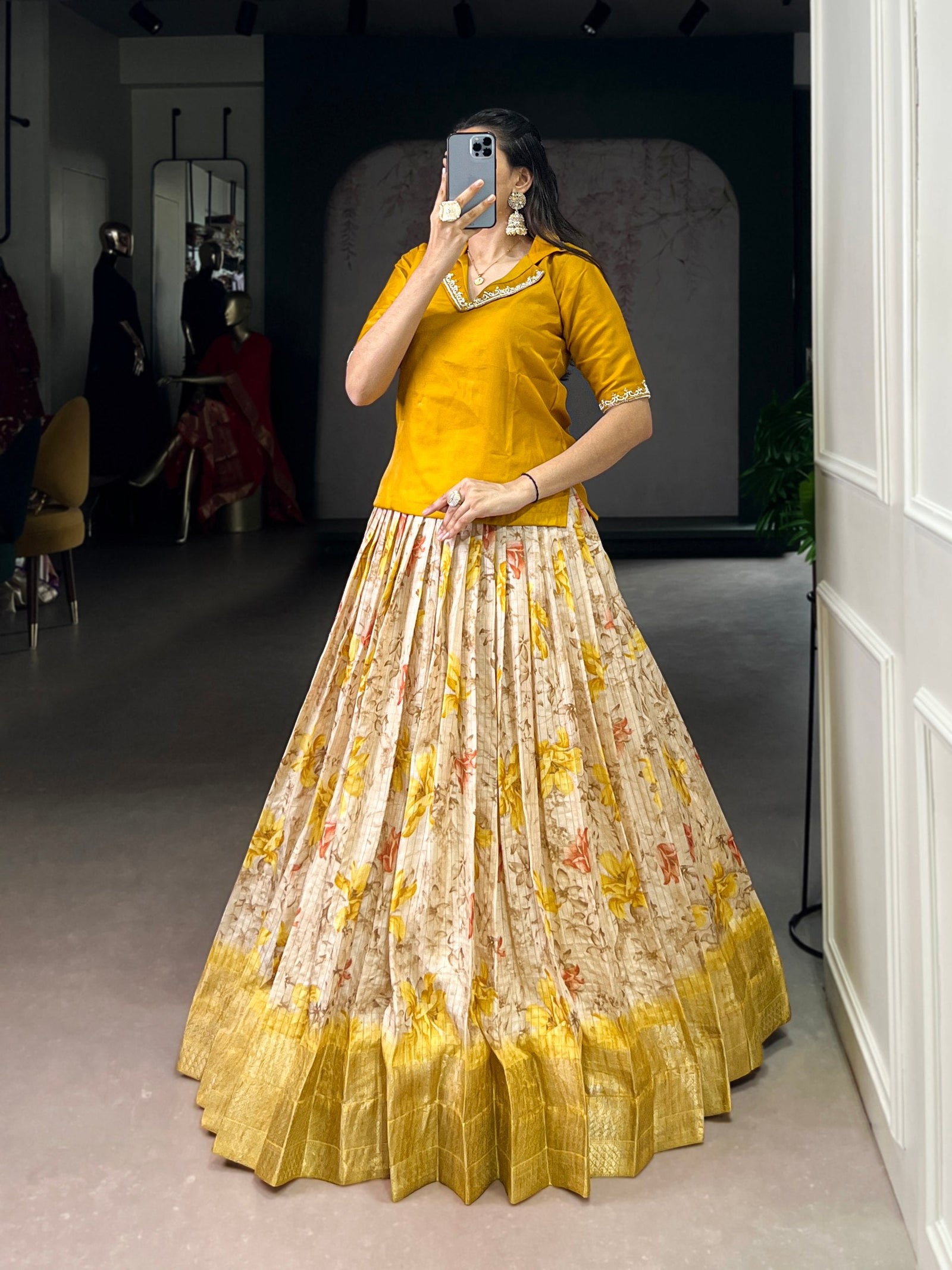 Yelllow Elegant Dola Chex Floral Printed Lehenga with Zari Weaving and Sequined Banglory Blouse – Stitched Set ClothsVilla