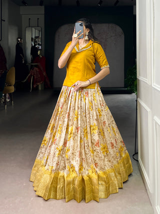 Yelllow Elegant Dola Chex Floral Printed Lehenga with Zari Weaving and Sequined Banglory Blouse – Stitched Set ClothsVilla