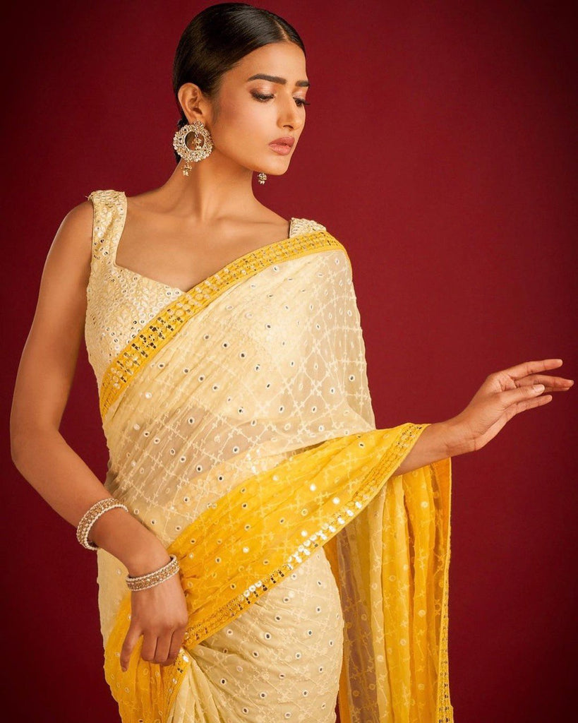 Yellow and White Pure Georgette Embroidered Sequence Work Saree ClothsVilla