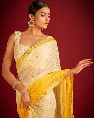 Yellow and White Pure Georgette Embroidered Sequence Work Saree ClothsVilla