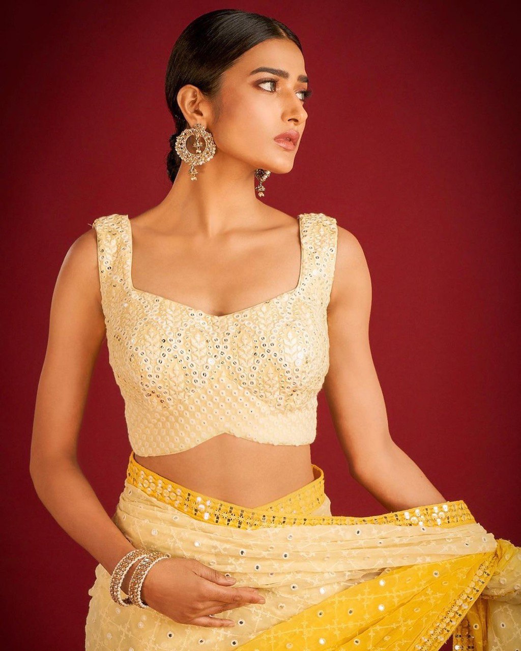 Yellow and White Pure Georgette Embroidered Sequence Work Saree ClothsVilla
