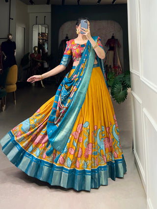 Yellow Anusha Kalamkari Dola Silk Lehenga Set with Zari Weaving Border