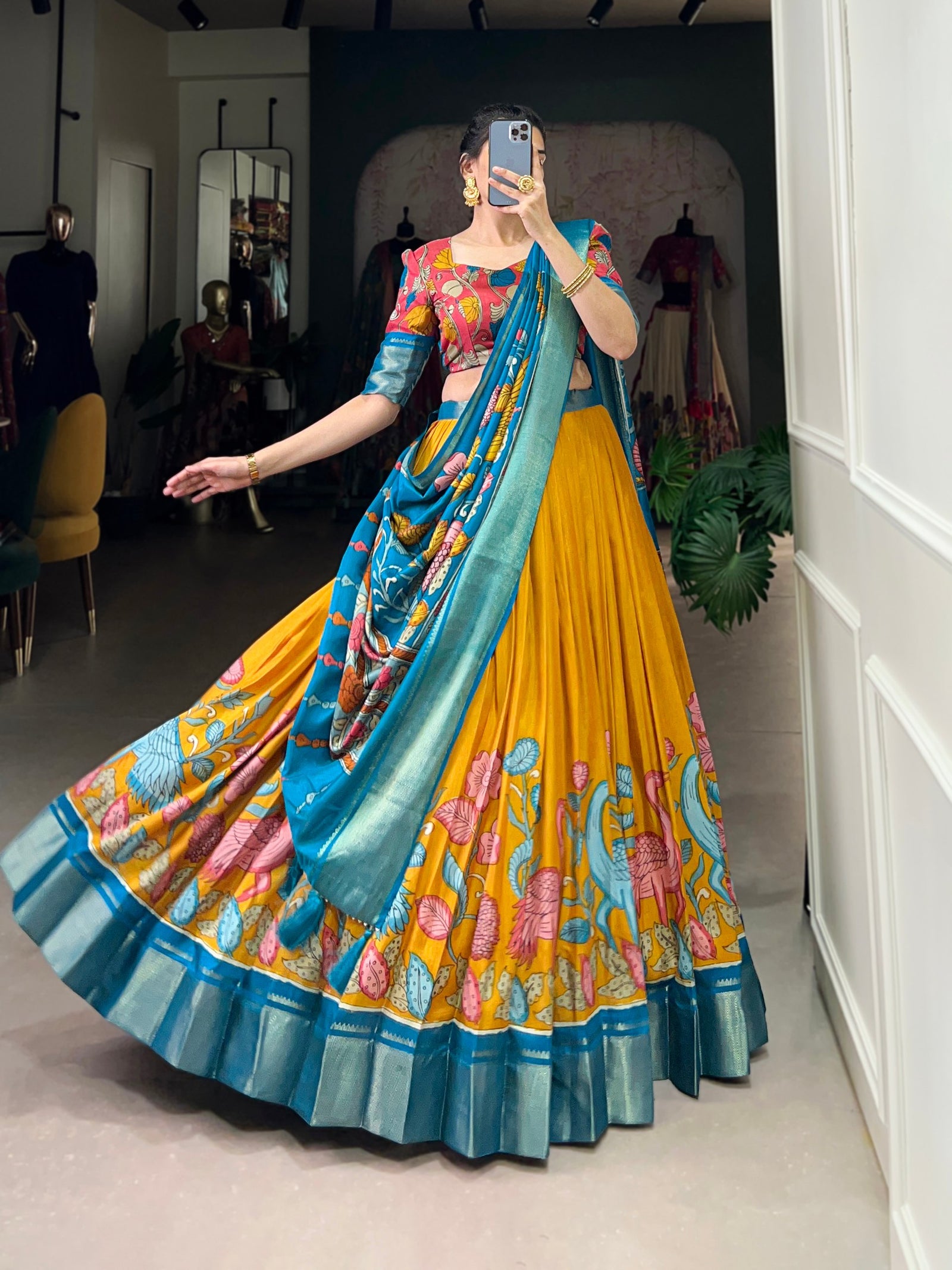 Yellow Anusha Kalamkari Dola Silk Lehenga Set with Zari Weaving Border