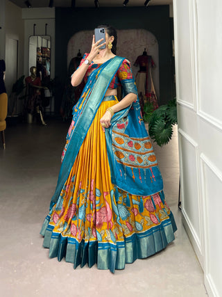Yellow Anusha Kalamkari Dola Silk Lehenga Set with Zari Weaving Border