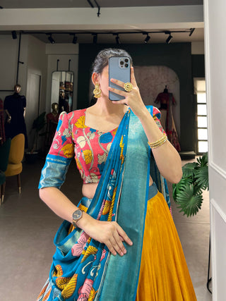 Yellow Anusha Kalamkari Dola Silk Lehenga Set with Zari Weaving Border