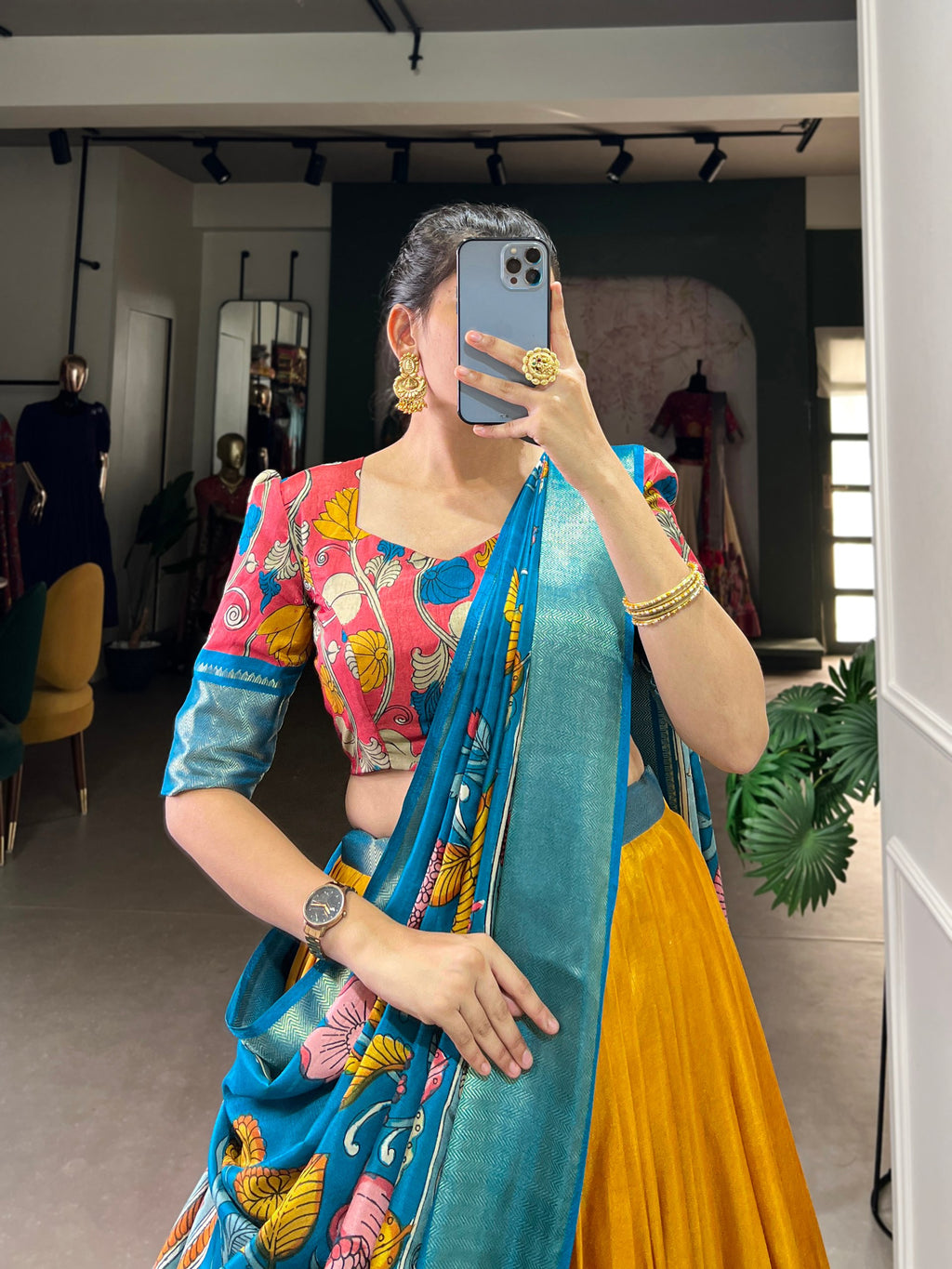 Yellow Anusha Kalamkari Dola Silk Lehenga Set with Zari Weaving Border