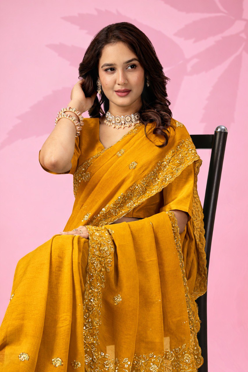 Yellow Art Silk Saree with Sequins Work ClothsVilla
