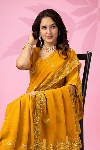 Yellow Art Silk Saree with Sequins Work ClothsVilla